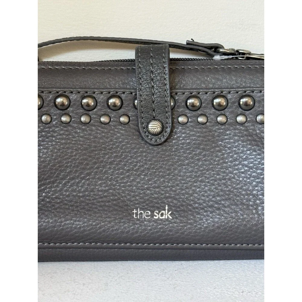 The Sak Iris Large Smartphone Crossbody Wristlet Gray Leather Studded